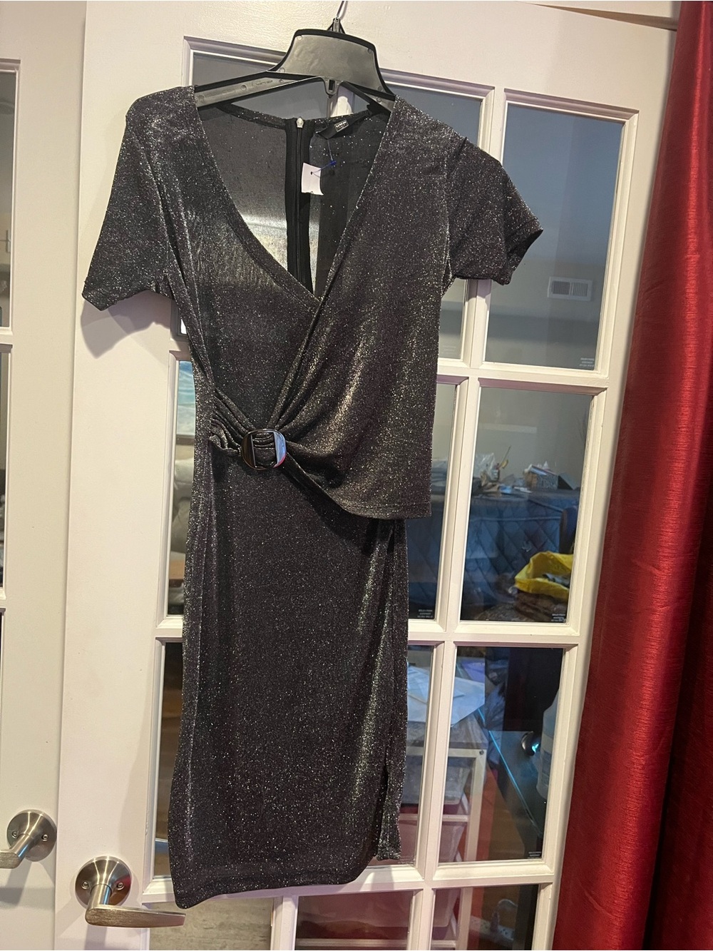 UMM  Italian Black Sparkle Midi Wrap Dress with Buckle Detail